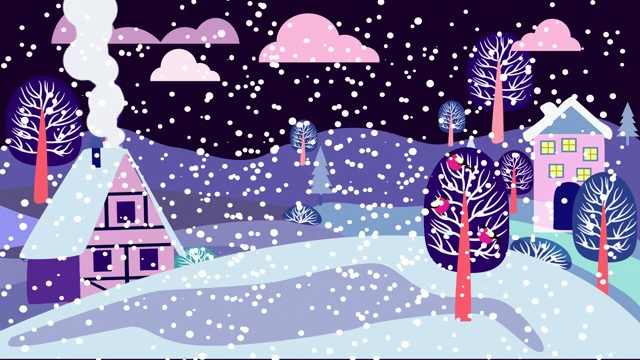 冬季乡村夜景和降雪动画。