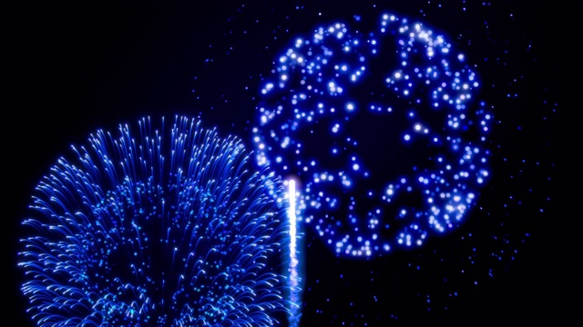 蓝色烟花的动画。循环烟花效果库存视频素材。