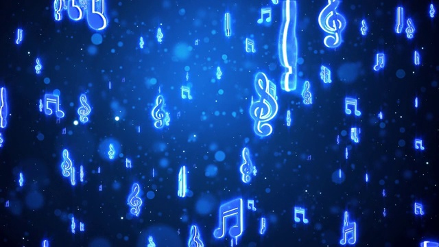 音乐音符符号粒子循环动画。音符浮动。带有耀斑的抽象背景。