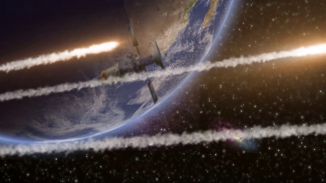 在太空中旋轉(zhuǎn)的地球與一顆衛(wèi)星和路過的小行星。衛(wèi)星在地球上。全球股票視頻。