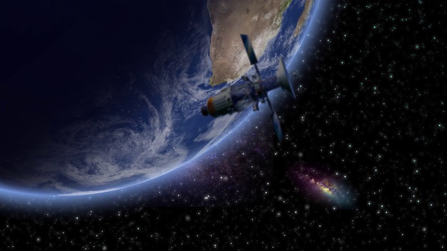 詳情圖-在太空中旋轉的地球與一顆衛(wèi)星和路過的小行星。衛(wèi)星在地球上。全球股票視頻。