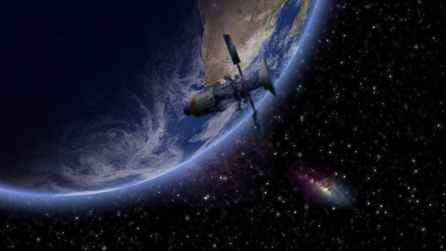 詳情圖-在太空中旋轉的地球與一顆衛(wèi)星和路過的小行星。衛(wèi)星在地球上。全球股票視頻。