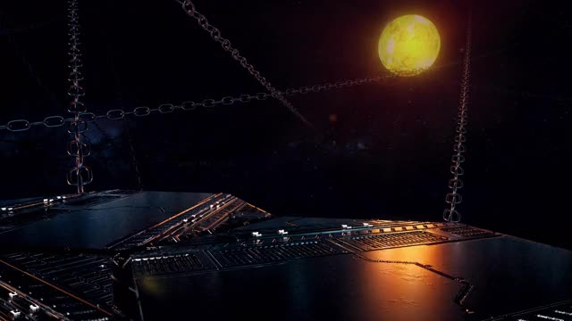 诡异的宇宙结构，生锈的沉重链条和废弃的科幻平台