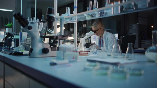 女性研究科学家在显微镜下研究病毒疫苗样本时取得重大发现。她打电话给同事，并与其他生物工程师分享她的成功。
