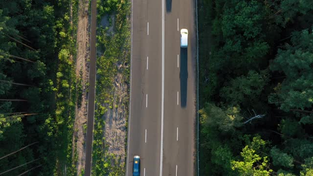 汽车通过森林的鸟瞰图。森林中高速公路上过往的汽车。前视图。