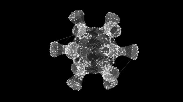 在黑色背景上旋转病毒的三维线框模型。三维渲染