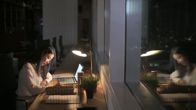 詳情圖-亞洲華裔女白領(lǐng)在辦公室工作到深夜獨(dú)自趕財(cái)務(wù)報(bào)告