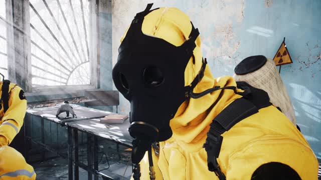 核战争或致命病毒大流行后，身着特殊制服的幸存者们在一座被摧毁的建筑中相遇。世界末日后的概念。末日动画或小说背景。