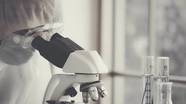 科学家在实验室里用显微镜观察