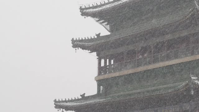 雪中的古老钟楼，中国西安。