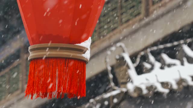 雪中的西安古城墙上的灯笼，中国。