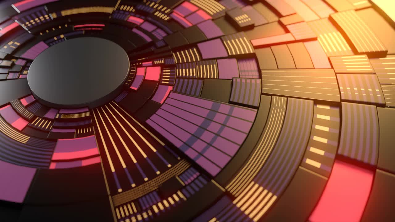 3d渲染彩色辉光图案在黑暗高科技运动形状。未来电路背景。技术的概念。数字无缝循环动画。4K超高清分辨率