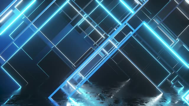 详情图-移动玻璃霓虹块。现代紫外灯光。无缝循环3d渲染