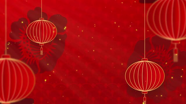 春节快乐。剪纸的风格。中国传统节日背景装饰经典。传统的农历背景悬挂灯笼和鲜花。带有复制空间的4K循环。