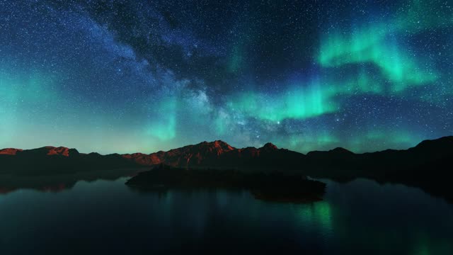 山和湖映衬着星空，4K