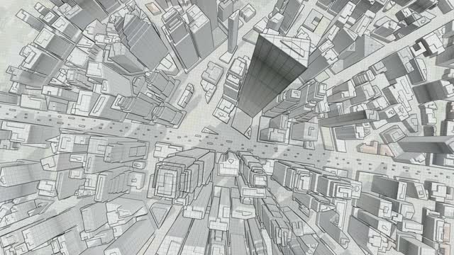 城市素描，镜头从中心升起，高角度视角