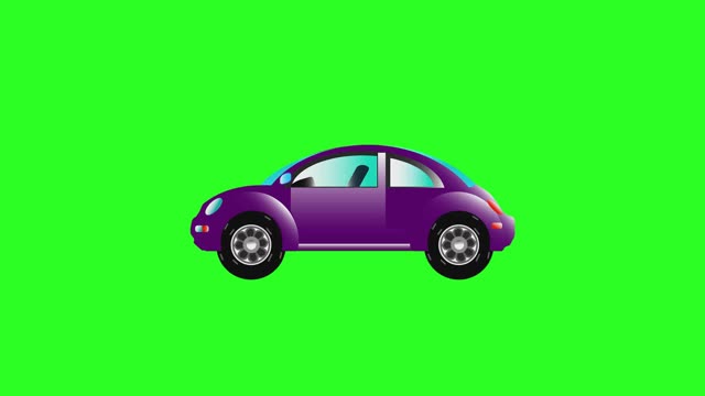 动画的车。卡通与汽车。玩具车。紫色和蓝色的汽车旋转的车轮在绿色的背景。动画。