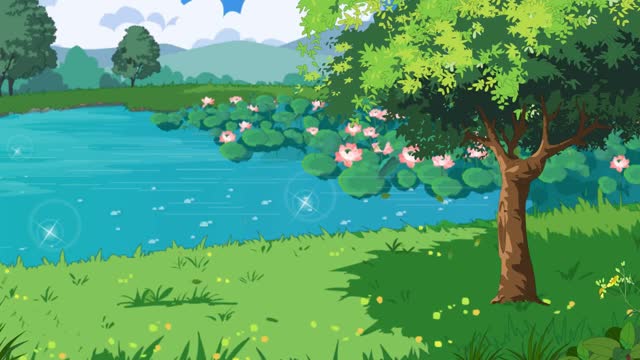美麗的公園與池塘，荷花和云動畫。