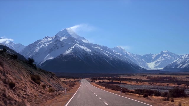 詳情圖-一條又長又直的路通向一座巨大的雪山。去新西蘭庫克山的路。(觀點)