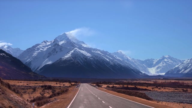 詳情圖-一條又長又直的路通向一座巨大的雪山。去新西蘭庫克山的路。(觀點)