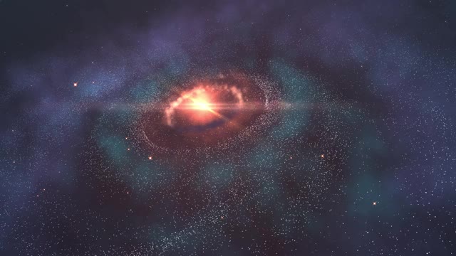 4K - 3D美丽的星系与明亮闪烁的星星，飞行在深空，抽象视图星云空间宇宙运动背景