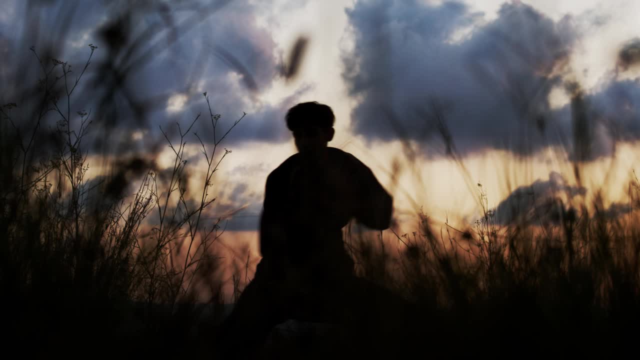 一个男人在夕阳下练气功的剪影。概念:武术艺术