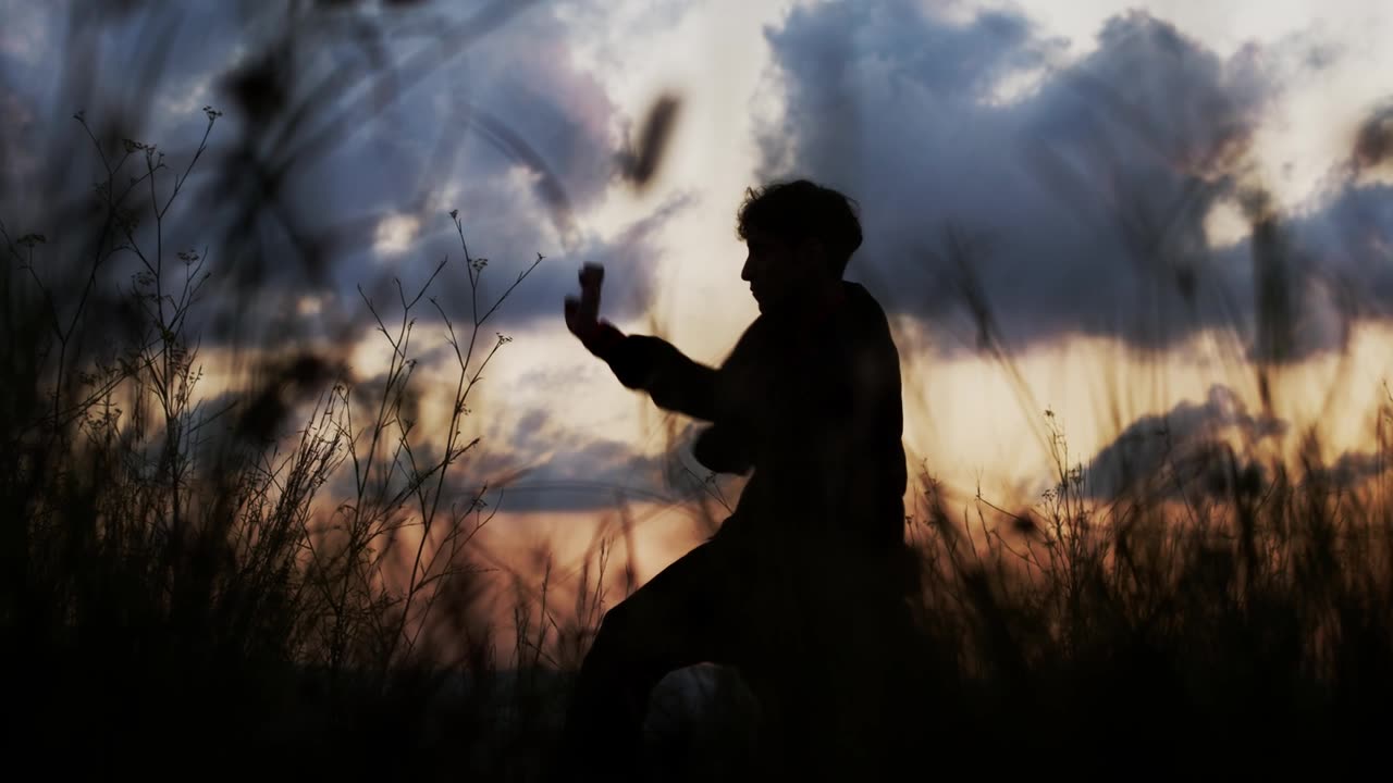 詳情圖-一個男人在夕陽下練氣功的剪影。概念:武術(shù)藝術(shù)