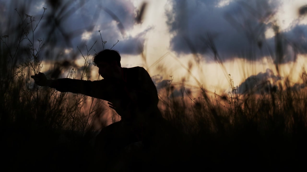 詳情圖-一個男人在夕陽下練氣功的剪影。概念:武術(shù)藝術(shù)