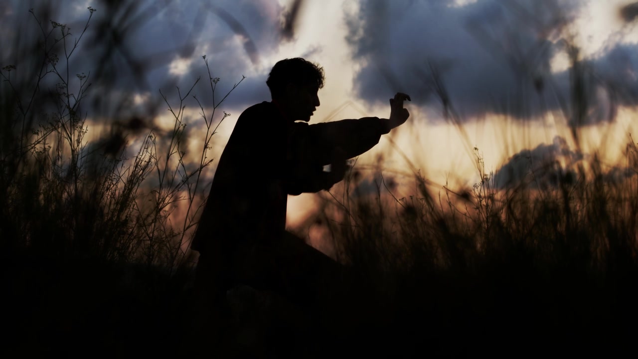 詳情圖-一個男人在夕陽下練氣功的剪影。概念:武術(shù)藝術(shù)