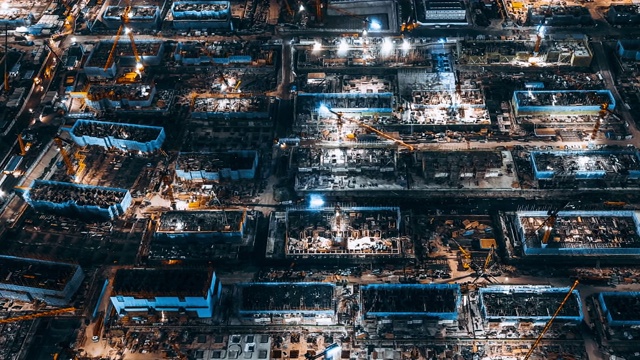 建筑工地夜间全景鸟瞰图