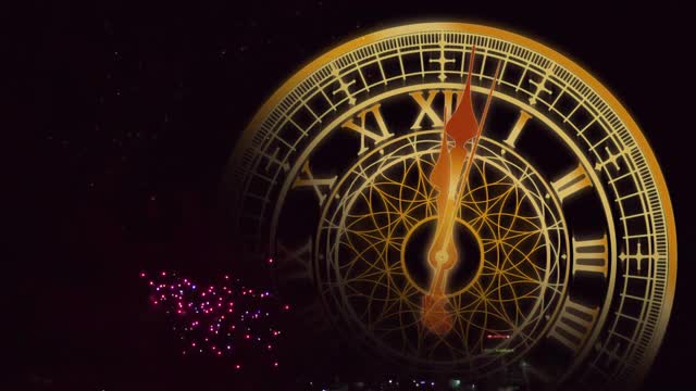 新年快乐，金色倒计时钟，烟花表演
