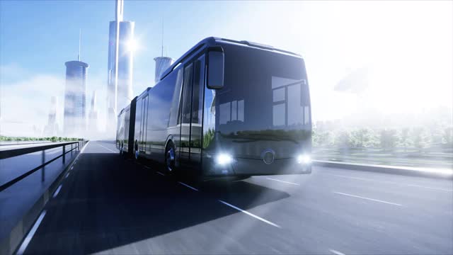 高速公路上快速行驶的客车三维模型。未来的城市背景。3 d渲染。