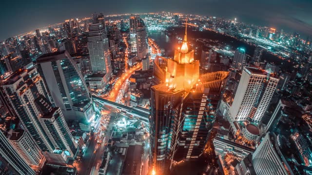 详情图-夜景鸟瞰城市与曼谷城市金融商务区交通运输，网络连接和创新技术理念