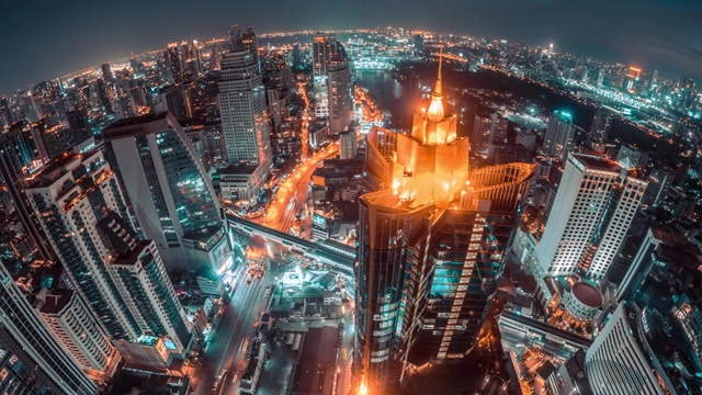 详情图-夜景鸟瞰城市与曼谷城市金融商务区交通运输，网络连接和创新技术理念