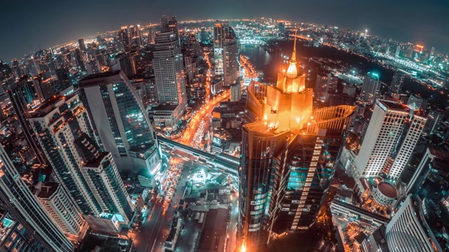 详情图-夜景鸟瞰城市与曼谷城市金融商务区交通运输，网络连接和创新技术理念