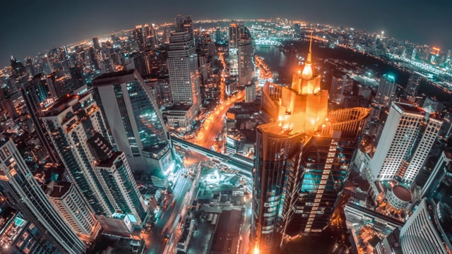 详情图-夜景鸟瞰城市与曼谷城市金融商务区交通运输，网络连接和创新技术理念