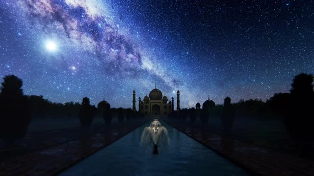 泰姬玛哈在星空下的轮廓4K