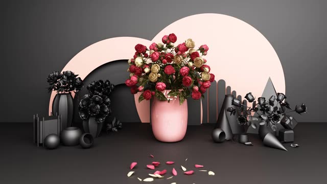 详情图-红玫瑰花瓶与几何背景在粉红色和黑色色调的3d渲染