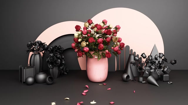 详情图-红玫瑰花瓶与几何背景在粉红色和黑色色调的3d渲染