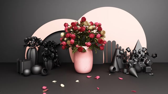 详情图-红玫瑰花瓶与几何背景在粉红色和黑色色调的3d渲染