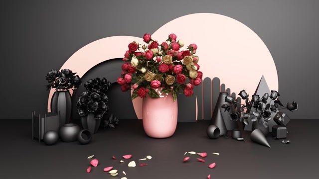 详情图-红玫瑰花瓶与几何背景在粉红色和黑色色调的3d渲染