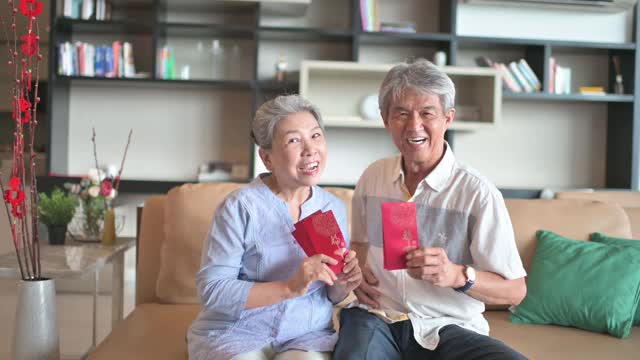 过年的老两口爷爷奶奶在客厅拿着红包看镜头