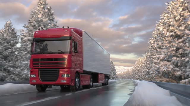 一辆半挂车在下雪的乡村道路上行驶的正面视图