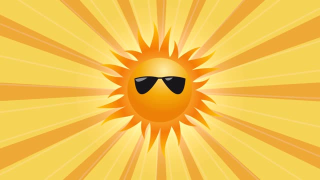 夏天的动画背景。太阳带着太阳镜，旋转着阳光。插图、循环录像
