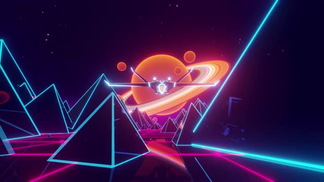VJ 80年代的梦幻日夜系列。复古的土地，山和金字塔。宇宙飞船在金字塔之间飞行。外星行星抽象虚拟现实。80年代VJ景观昼夜系列。股票视频