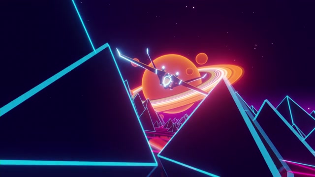 详情图-VJ,80年代的梦幻日夜系列。复古的土地，山和金字塔。宇宙飞船在金字塔之间飞行。外星行星抽象虚拟现实。80年代VJ景观昼夜系列。股票视频
