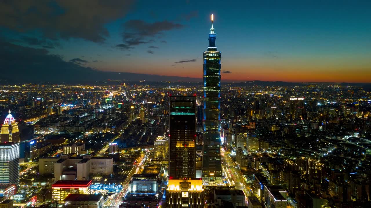 详情图-日落之夜照亮台北塔市中心的空中全景，4k时间间隔的台湾