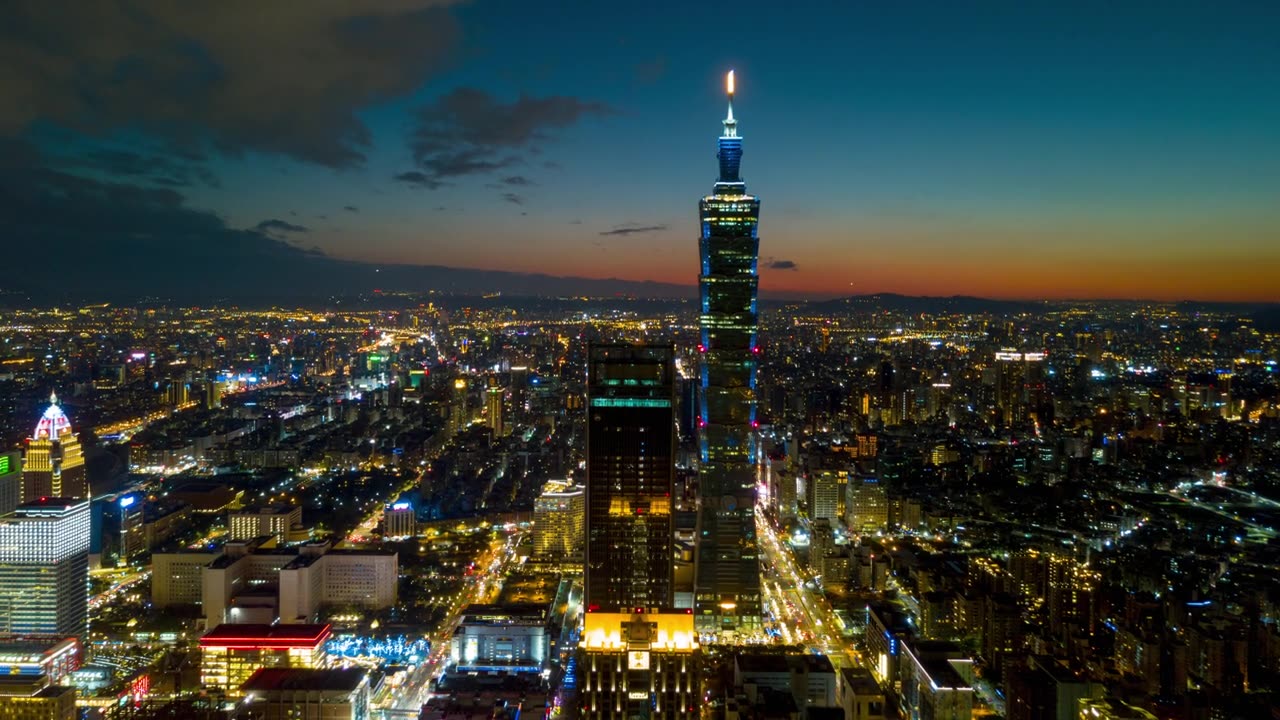 详情图-日落之夜照亮台北塔市中心的空中全景，4k时间间隔的台湾