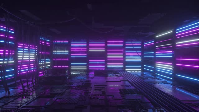 霓虹灯的背景。紫色和蓝色霓虹背景出现和消失。明亮充满活力的霓虹灯背景。技术空间。房间。无缝循环的3d动画