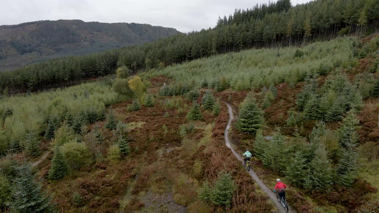 头顶上的无人机视图，两个山地自行车沿着森林自行车道骑行